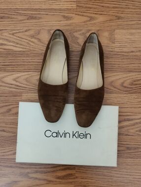 Calvin Klein Brown Suede Square-Toe Slip-On Flats